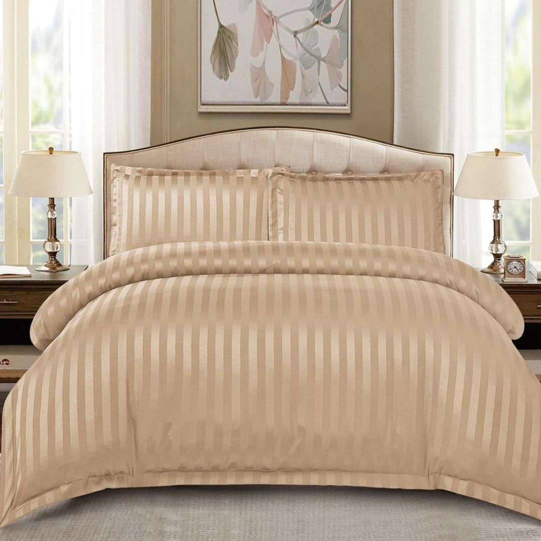 Lenjerie de Pat cu Elastic, 4 Piese, Damasc Satinat Bej Cappuccino, 180x200 cm, 2 Persoane