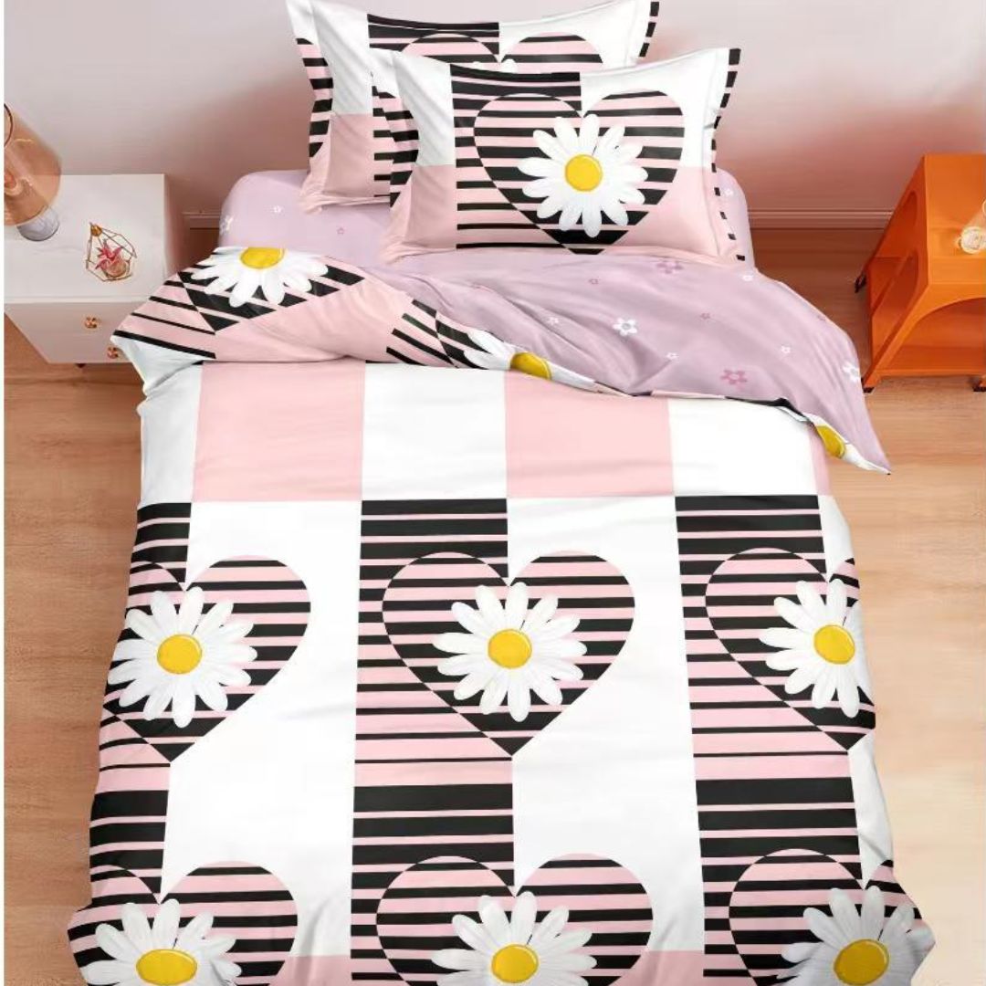 Lenjerie de Pat cu Elastic, 4 Piese, Model Inimi și Margarete Roz S-28, 140x200 cm, 1 Persoană