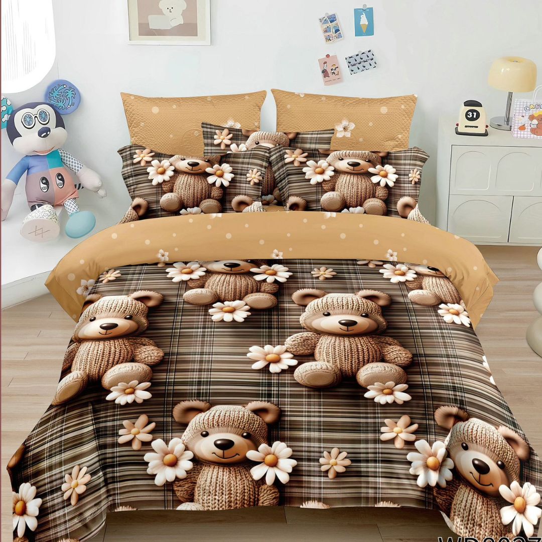 Lenjerie de Pat 5D Finet cu Elastic, 4 Piese – Model Ursuleți și Flori