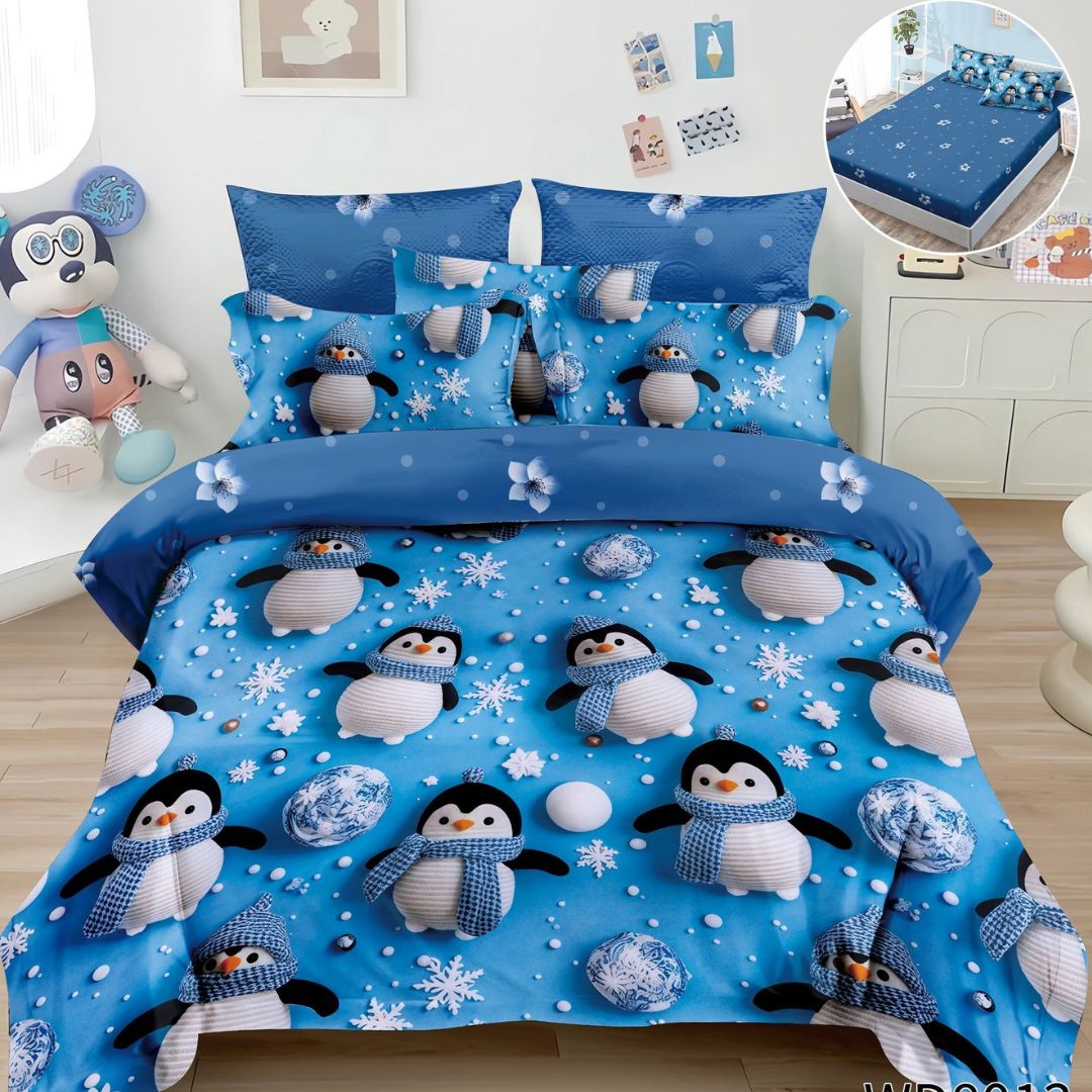 Lenjerie de Pat 5D Finet cu Elastic, 4 Piese – Model Pinguini Veseli