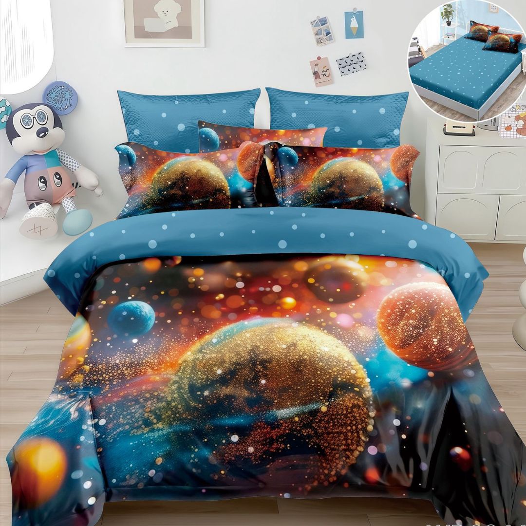 Lenjerie de Pat 5D Finet cu Elastic, 4 Piese – Model Univers și Planete