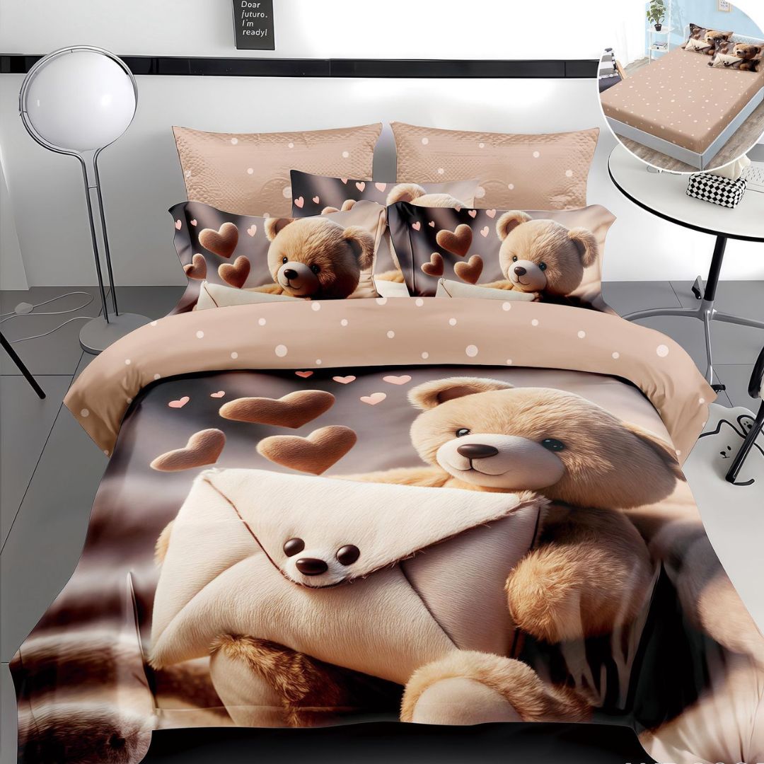 Lenjerie de Pat 5D Finet cu Elastic, 4 Piese – Model Ursuleț cu Scrisoare