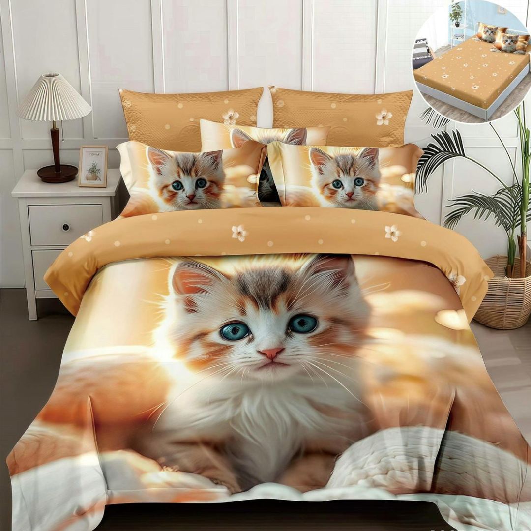 Lenjerie de Pat 5D Finet cu Elastic, 4 Piese – Model Pisicuță cu Ochii Albaștri