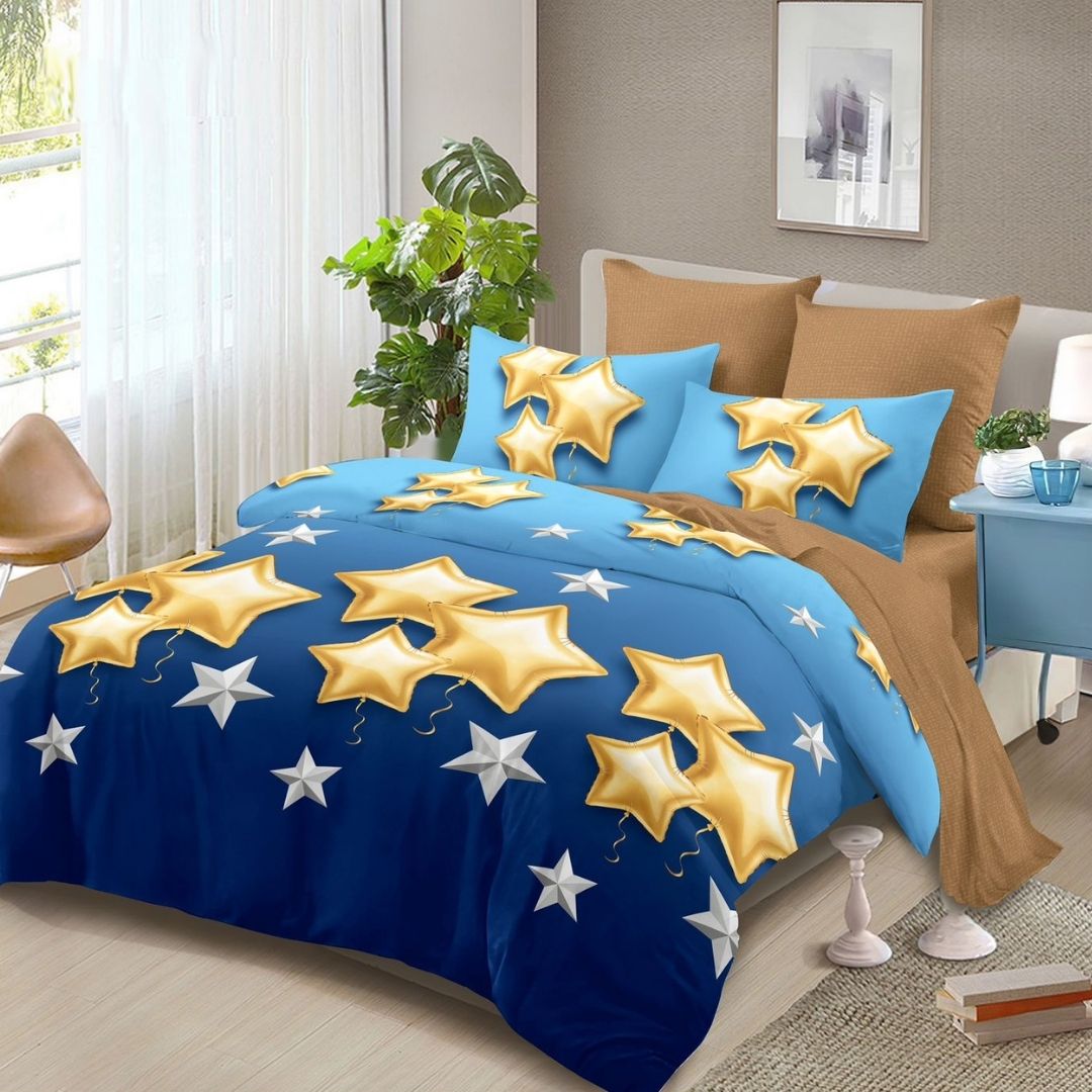 Lenjerie de pat finet 6 piese – model stele aurii pe fundal albastru, design modern și vibrant